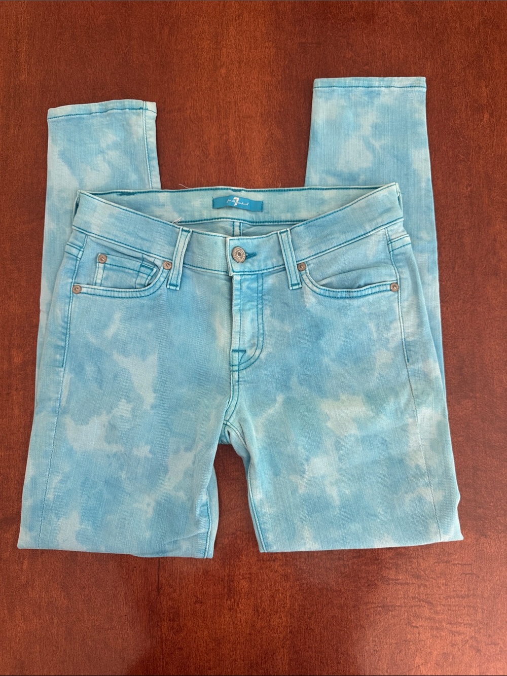 7 For All Mankind Cropped Aqua Blue Tie-Dye Skinny Jeans